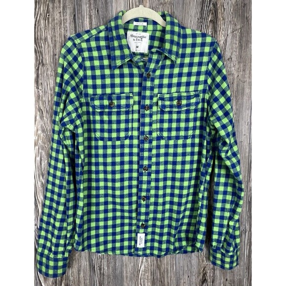 Abercrombie & Fitch Flannel Shirt Muscle Fit Men's M Green/Navy Plaid Cabincore - Picture 1 of 12